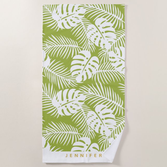 Green Palm Leaves Rainforest Pattern Personalised Beach Towel (Front)