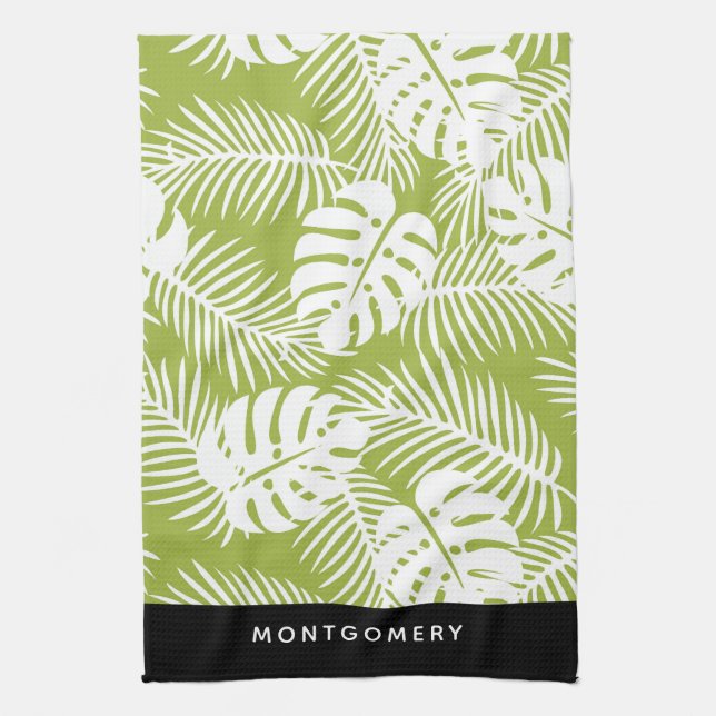 Green Palm Leaves Rainforest Pattern Personalised Tea Towel (Vertical)