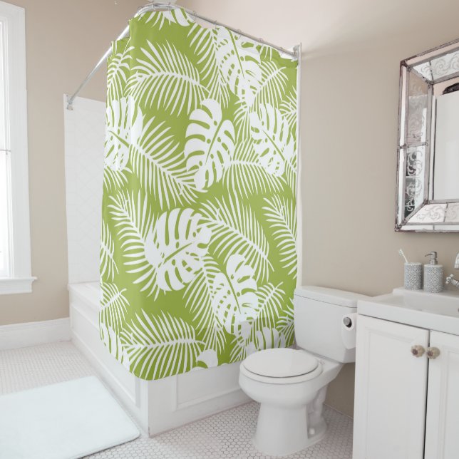 Green Palm Leaves Rainforest Pattern Shower Curtain (In Situ)