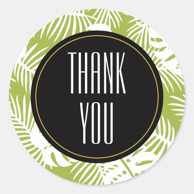 Green Palm Leaves Rainforest Pattern Thank You Classic Round Sticker (Front)