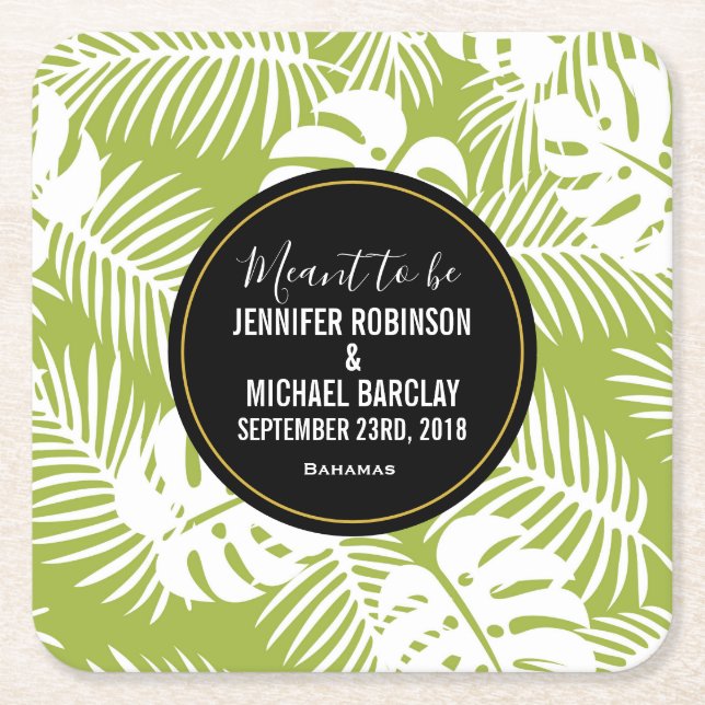 Green Palm Leaves Rainforest Pattern Wedding Square Paper Coaster (Front)