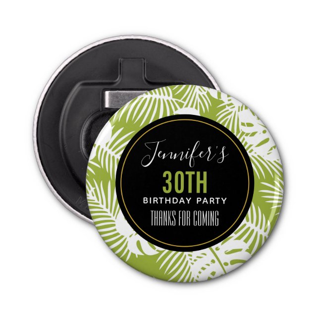 Green Palm Leaves Tropical Pattern Birthday Thanks Bottle Opener (Front)