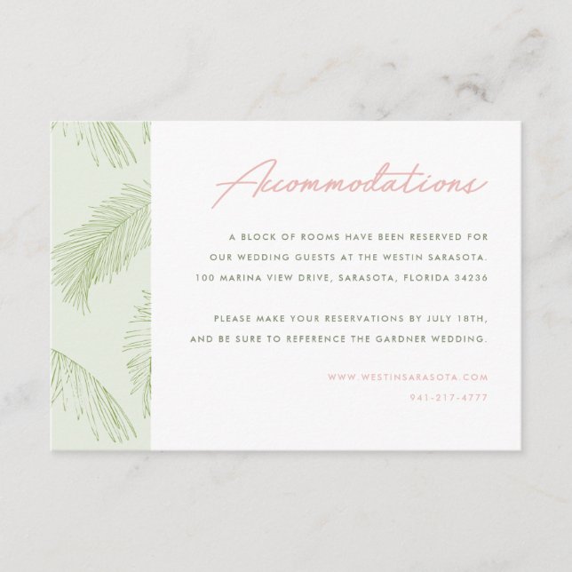 Green Palm Leaves Tropical Wedding Accommodations Enclosure Card (Front)
