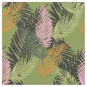 Green Palm Leaves with Mustard and Pink Highlights Fabric
