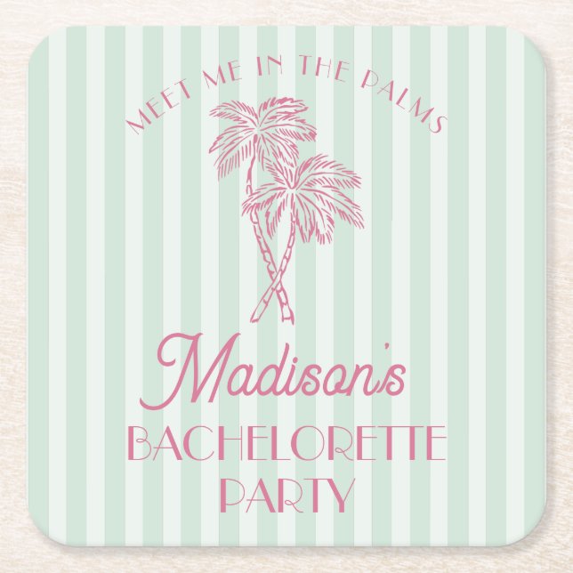Green Palm Spring Pastel Beach Bachelorette Party Square Paper Coaster (Front)