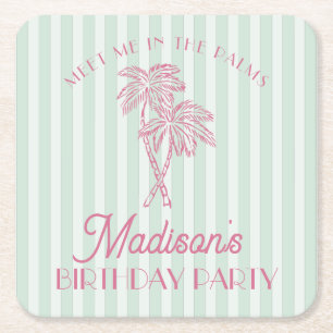 Green Palm Spring Pastel Beach Birthday Party Square Paper Coaster
