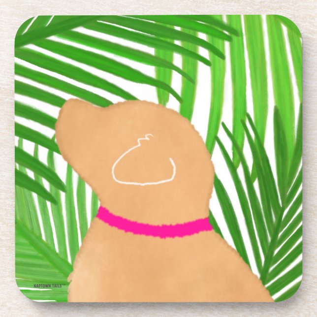Green Palm Tree Island Yellow Dog Coaster Set (Front)