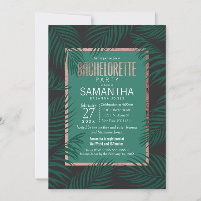 Green Palm Tree Leaf Black Rose Gold Bachelorette Invitation (Front)