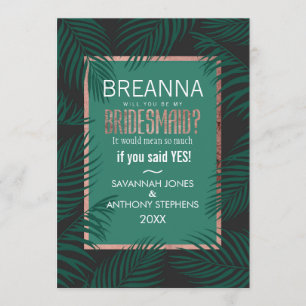 Green Palm Tree Leaves Black Rose Gold Bridesmaids Invitation