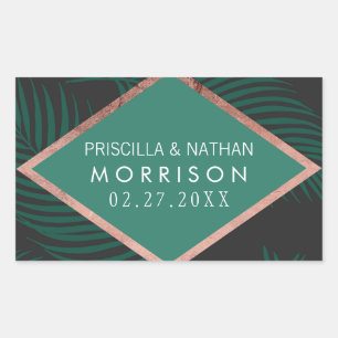 Green Palm Tree Leaves Black Rose Gold Wedding Rectangular Sticker