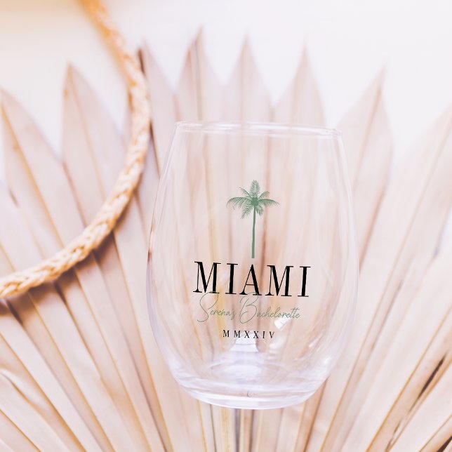 Green Palm Tree Personalised Bachelorette Party Stemless Wine Glass (Creator Uploaded)