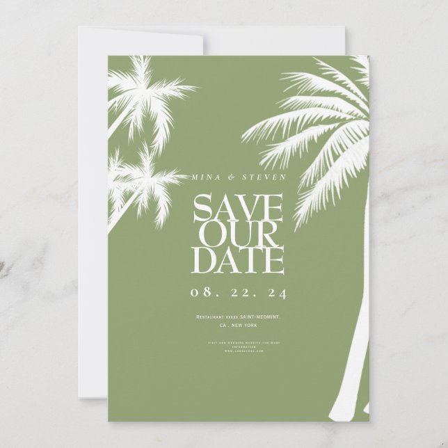 green palm tree tropical wedding  save the date (Front)
