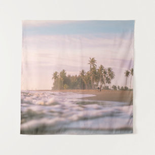 GREEN PALM TREES ON BROWN SAND UNDER WHITE CLOUDS TAPESTRY