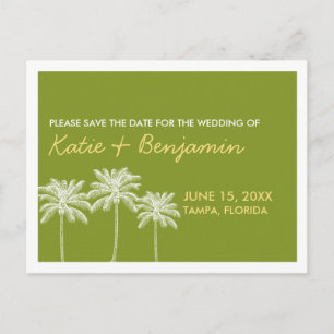 Green palm trees summer wedding chic save the date announcement postcard