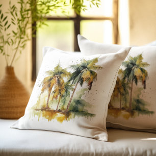 Green palm trees with coconuts water colour tropic cushion