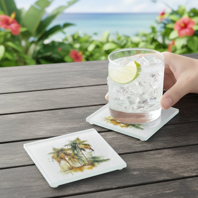 Green palm trees with coconuts water colour tropic glass coaster (Creator Uploaded)