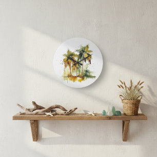 Green palm trees with coconuts water colour tropic large clock