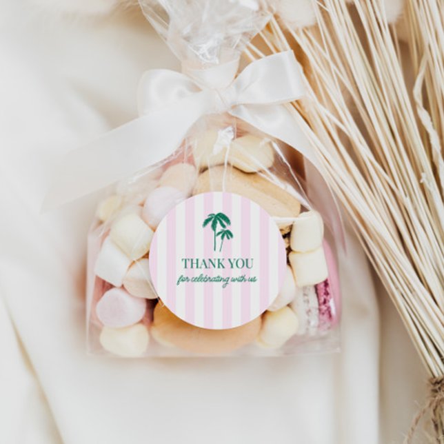 Green Palms Pink Stripes Classic Round Sticker (Creator Uploaded)