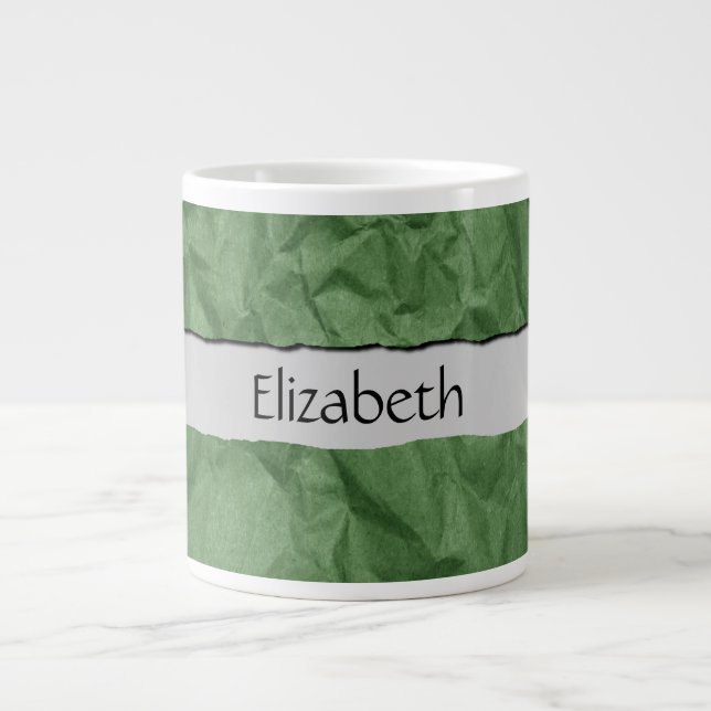 Green Paper, Crumpled Paper, Your Name Large Coffee Mug (Front)