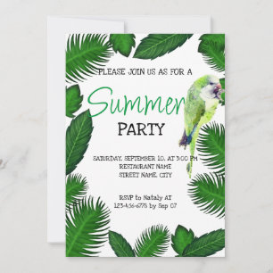 Green parrot and palm leaves summer