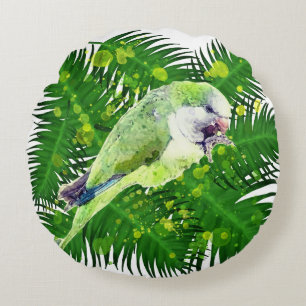Green parrot and palm leaves watercolor round cushion