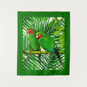 Green Parrot Couple in a Jungle Setting Tapestry