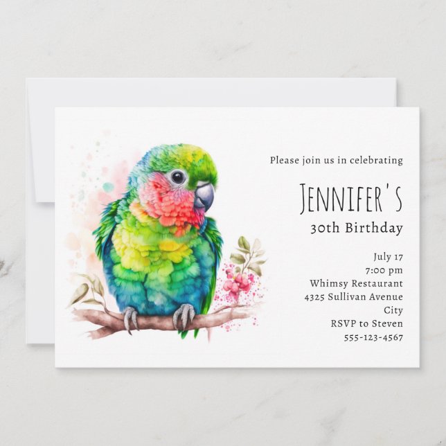 Green Parrot - Cute Baby Bird Birthday Invitation (Front)