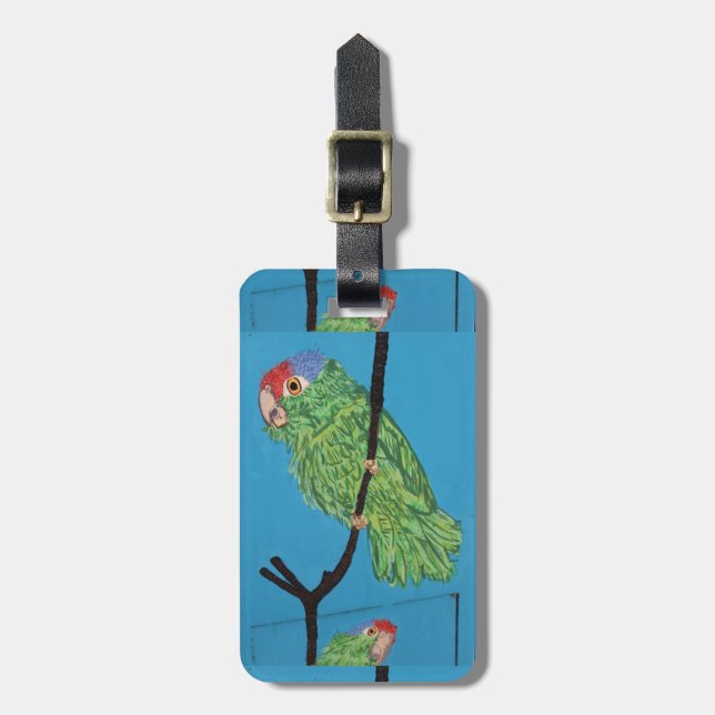 green parrot on blue luggage tag (Front Vertical)