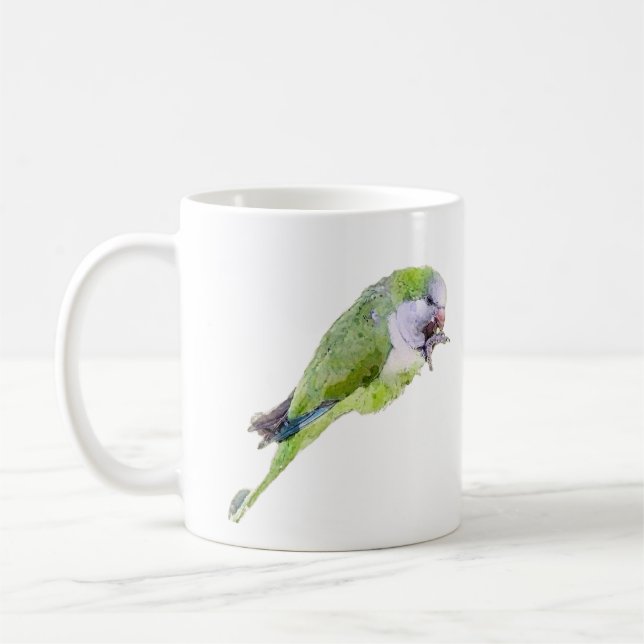 Green parrot watercolor painting coffee mug (Left)