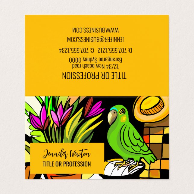 Green parrot with orange and yellow  business card (Outside Unfolded)