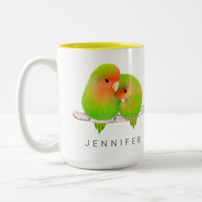 Green Parrots Lovebirds Bird Mug (Left)