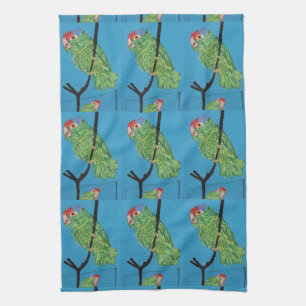 green parrots on blue kitchen towel