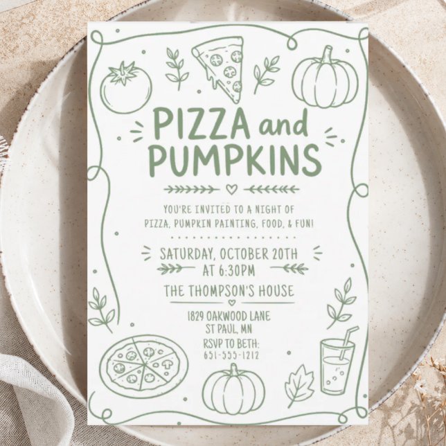 green Party Minimalist Doodle Pizza Fall Pumpkin Invitation (Creator Uploaded)