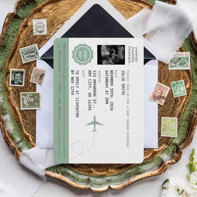 Green Passport Travel Boy Baby Shower World Map In Invitation (Creator Uploaded)