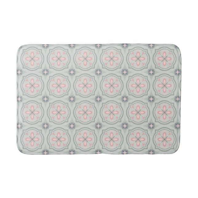 Green Pastel Floral Tiles Bath Mat (Front)