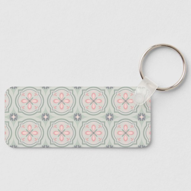 Green Pastel Floral Tiles Key Ring (Front)