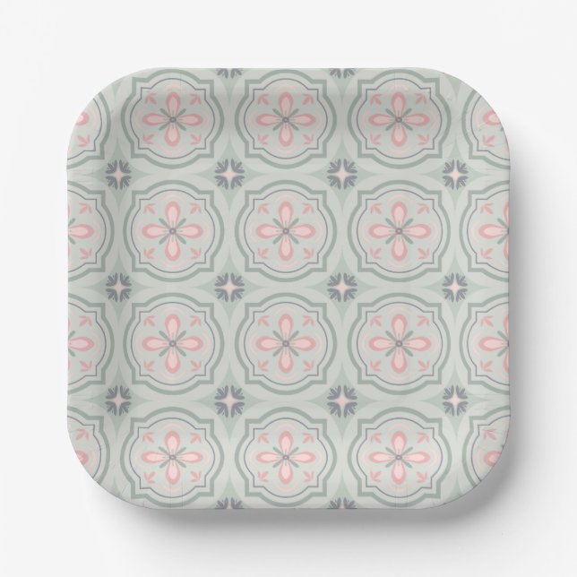 Green Pastel Floral Tiles Paper Plate (Front)