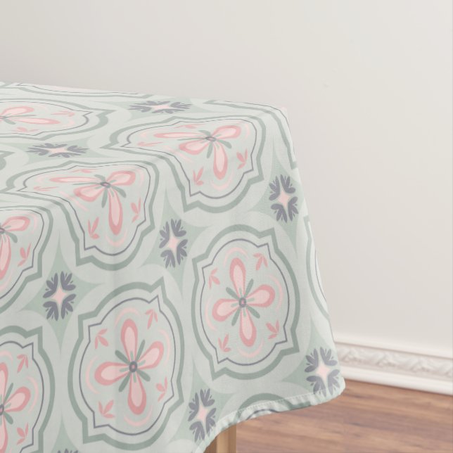 Green Pastel Floral Tiles Tablecloth (In Situ)