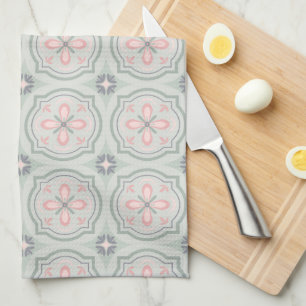 Green Pastel Floral Tiles Tea Towel