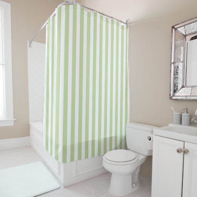 Green Pastel Stripes Pattern Modern Geometric Shower Curtain (In Situ)