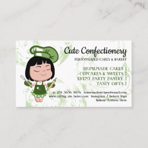 Green Pastry Chef Woman Cartoon Bakery Business Card