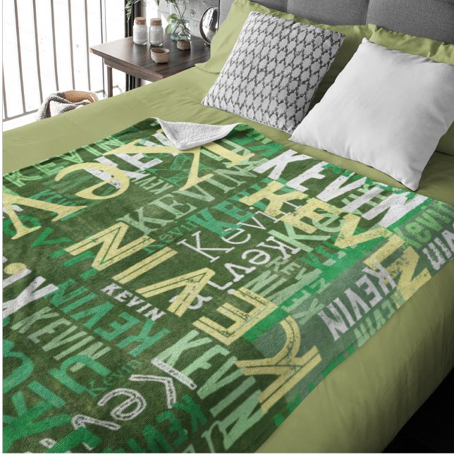 Green Patchwork of Names Urban Style Fleece Blanket (urban style)