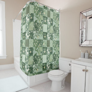 Green Patchwork Quilt Rustic Retro Floral Shower Curtain