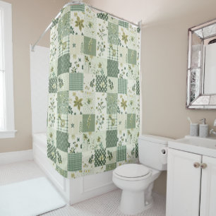 Green Patchwork Quilt Rustic Retro Floral Shower Curtain
