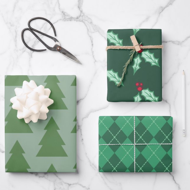 Green Pattern Christmas Wrapping Paper Assortment (Front)