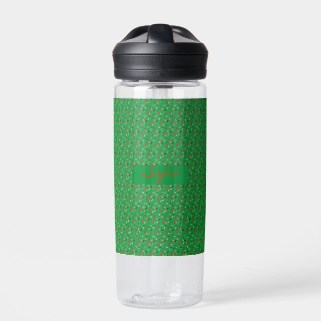 Green pattern flower red poppy  water bottle (Front)