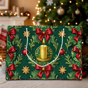 Green Pattern Gold Candle Poinsettia Flower Large Gift Bag