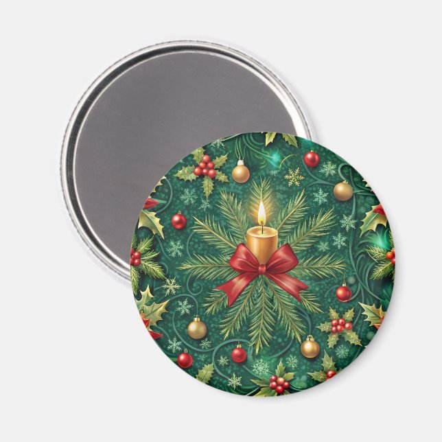 Green Pattern Gold Candle Poinsettia Flower Magnet (Front/Back)