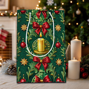 Green Pattern Gold Candle Poinsettia Flower Medium Gift Bag