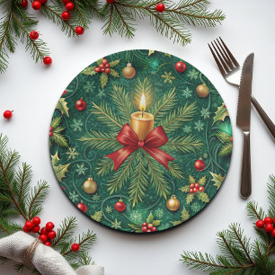 Green Pattern Gold Candle Poinsettia Flower Paper Plate